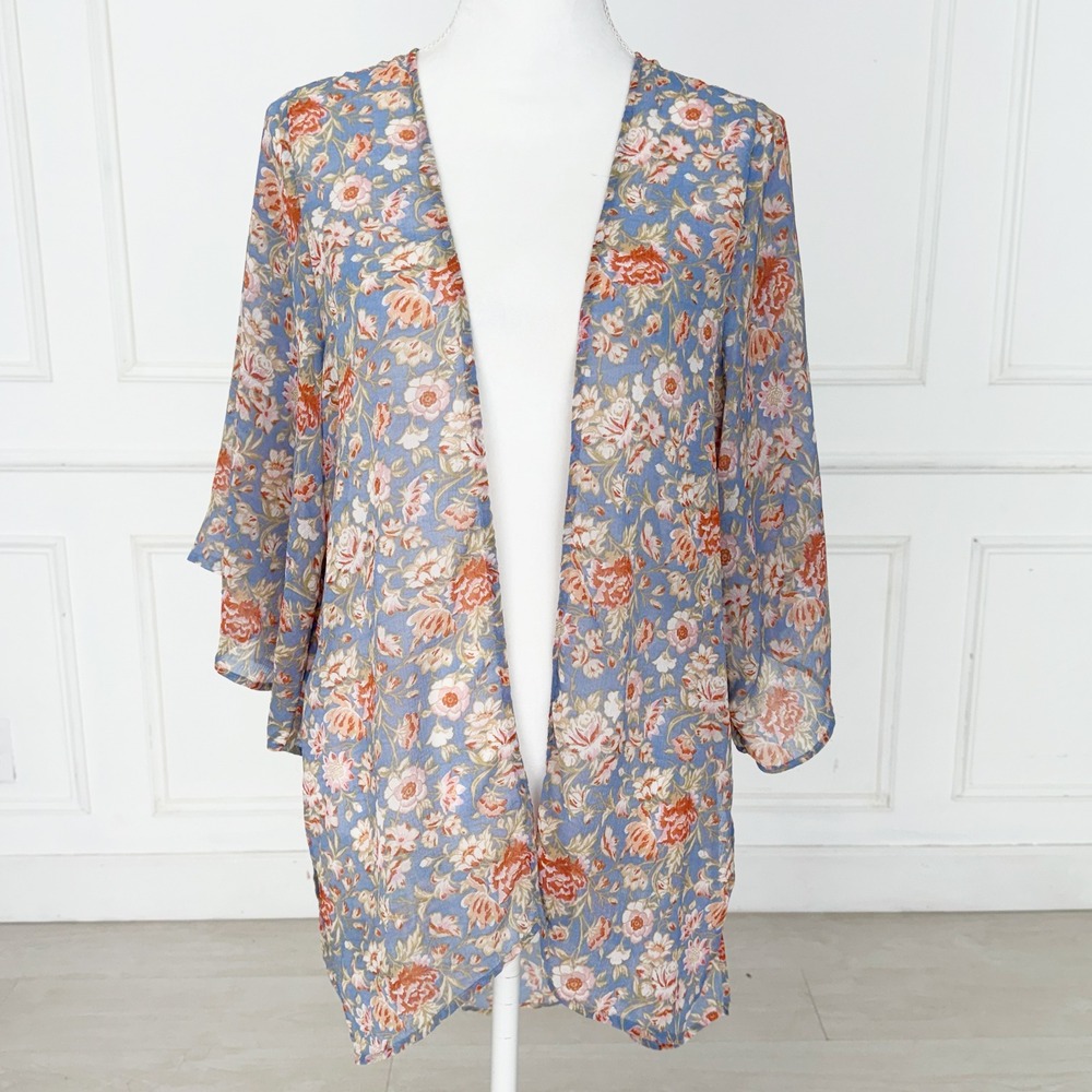 American Eagle Outfitters Floral Boho Kimono Cardigan Blue Orange Open Front‎ XS